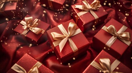Christmas and New Year gifts in boxes wrapped with ribbon with a bow.