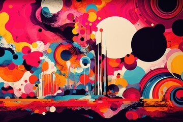 Psychedelic collage with bright colors and abstract shapes