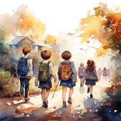 Vector art of Watercolor illustration, drawing of young children going to school, - obrazy, fototapety, plakaty