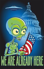 A comic poster with an alien holding an American flag against the background of the Capitol.