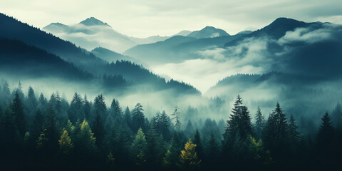 Misty mountain landscape with fir forest in vintage retro style. Generative AI - obrazy, fototapety, plakaty
