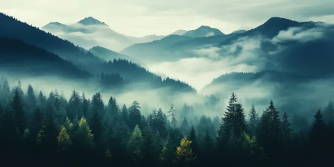 Zelfklevend Fotobehang Misty mountain landscape with fir forest in vintage retro style. Generative AI © AngrySun