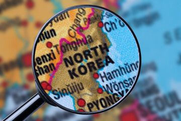Map of NORTH KOREA through magnifying glass.
