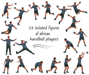 Fototapeta na wymiar 18 figures of dark-skinned handball players and goalkeepers in black uniforms playing, training, standing, running, rushing, jumping, catching, throwing the ball