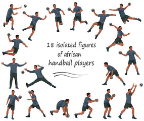 18 figures of dark-skinned handball players and goalkeepers in black uniforms playing, training, standing, running, rushing, jumping, catching, throwing the ball