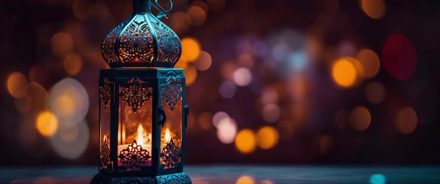 Anamorphic video Eid Mubarak ornamental lantern. Celebrating Ramadan Kareem, Eid al-Fitr, and Eid al-Adha with the Muslim community.