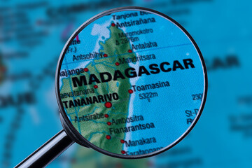 Map of MADAGASCAR through magnifying glass. - obrazy, fototapety, plakaty