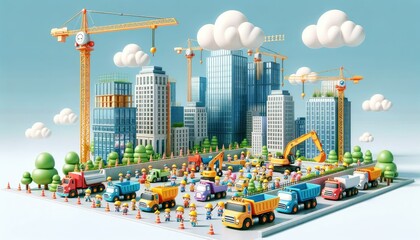 A vibrant miniature cityscape under construction. Towering skyscrapers rise among bustling workers, busy trucks, and lively cranes. Fluffy clouds float above in a clear blue sky, adding to the charm. - obrazy, fototapety, plakaty