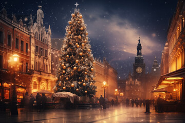 illuminated Christmas tree in the old town, Christmas stalls, in the evening - 669061988