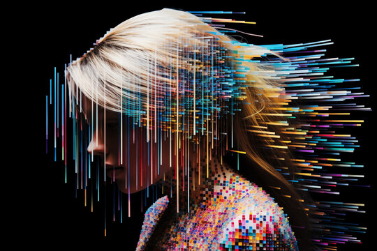 An abstract representation of a melancholic girl with pixelized digital glitching and compression distortion, exploring the intersection of emotions and technology