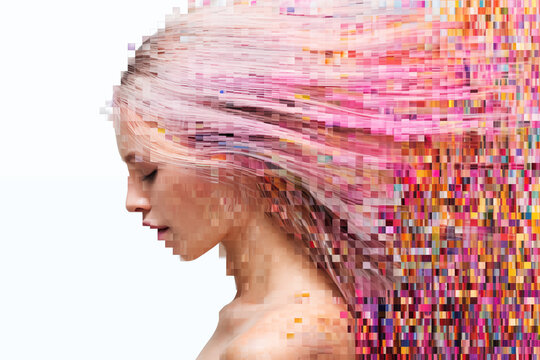 An abstract representation of a melancholic girl with pixelized digital glitching and compression distortion, exploring the intersection of emotions and technology