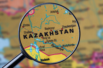 Map of KAZAKHSTAN through magnifying glass.