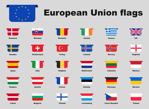 European Union flags collection. Flags Europe with names. European countries flag icons. EU. Vector illustration.
