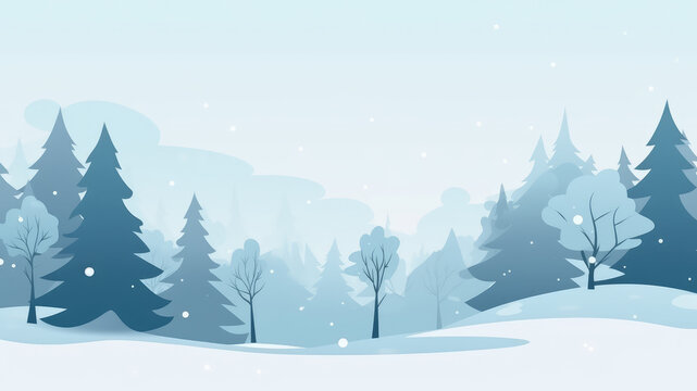 Natural Winter Christmas background with blue sky, heavy snowfall, snowflakes, snowy coniferous forest, snowdrifts. Winter landscape with falling christmas shining beautiful snow	
