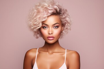a close-up studio fashion portrait of a young african woman with perfect skin, short wavy blond hair and immaculate make-up. pink background. Skin beauty and hormonal female health concept