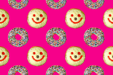 Chocolate Glazed Doughnuts with Smiling Face Coconut Flakes Donuts Pattern on Hot Pink Background