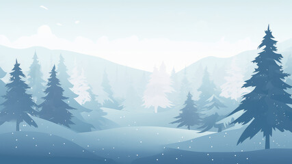 Natural Winter Christmas background with blue sky, heavy snowfall, snowflakes, snowy coniferous forest, snowdrifts. Winter landscape with falling christmas shining beautiful snow	
