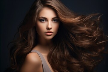a close-up studio fashion portrait of a young woman with perfect skin, long wavy brown hair and immaculate make-up. dark background. Skin beauty and hormonal female health concept