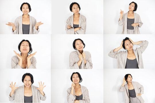 Set of different facial expressions and gestures of a middle-aged Asian woman