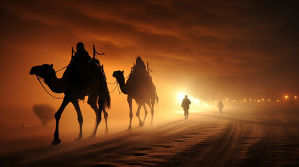 Fototapeta na wymiar Camels with riders in sunset. Caravan in desert