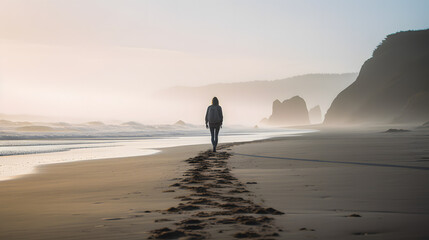 Un homme de dos marchant sur une plage de sable noir volcanique avec un coucher de soleil. 