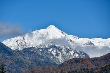 青空と冠雪した笹ヶ岳と紅葉
