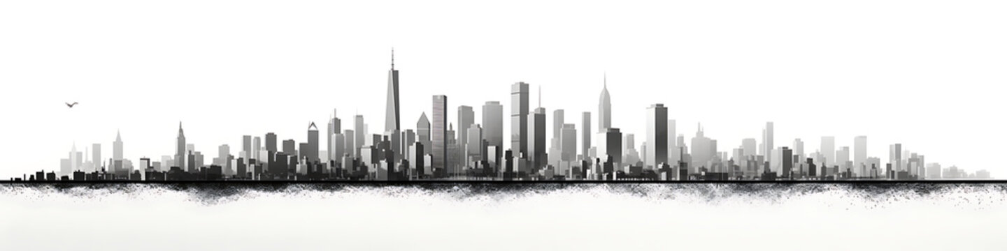 A black and white vector of a city skyline that can be used as a wallpaper,