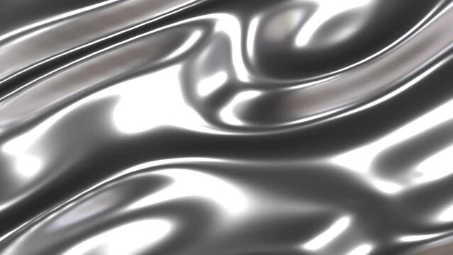 Liquid chrome 3d abstract graphics background animation,  silk moving waves shiny and glossy metallic 4K video animation, silver texture design.