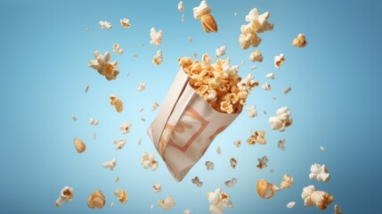a clean detailed commercial studio photo of a paper bag with cinema popcorn flying in the air on pastel gradient background. Junk comfort food ingredient levitation for advertising. - obrazy, fototapety, plakaty
