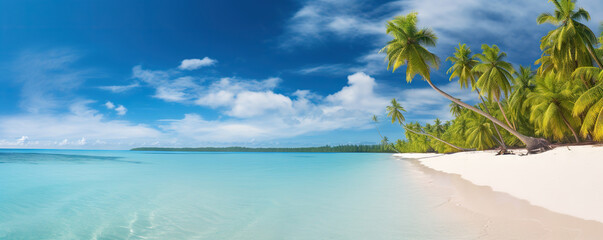 Fototapeta na wymiar Pristine tropical beach with white sands and turquoise waters. Copy space