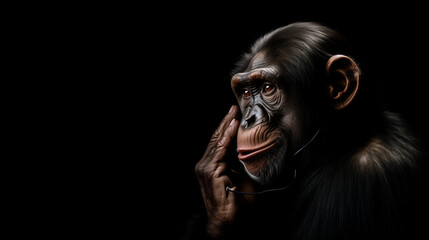 A thinking chimpanzee on a solid color background