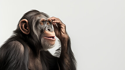 A thinking chimpanzee on a solid color background