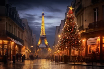 Foto op Canvas Illuminated Christmas tree in the old town in Paris, with christmas stalls and Eiffel Tower, in the evening © graficzka101