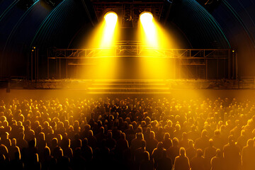 Two Spotlights Shining Down On Silhouette Of A Large Crowd And Audience In The Theater Stadium Waiting For A Public Event Background