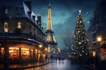 Illuminated Christmas tree in the old town in Paris, with christmas stalls and Eiffel Tower, in the evening - 669067982