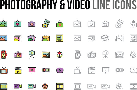Photography, film & video vector bright colored thin line icon collection