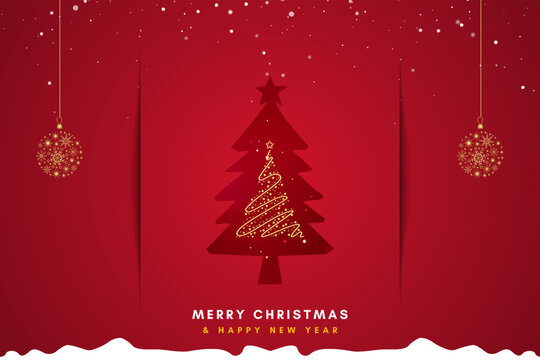 Christmas red background with paper cut style Christmas tree and falling snow concept with decorative design elements. Vector illustration.