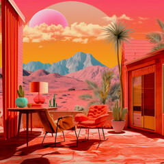 Retro collage, Miami palms and house style illustration, Generative AI.