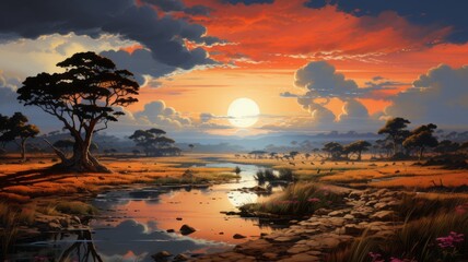 Illustration of savanna landscape at sunset
