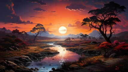 Illustration of savanna landscape at sunset - obrazy, fototapety, plakaty