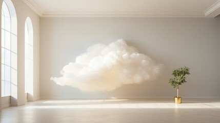 Clouds inside a beautiful room. Indoor cloud. Soft art. Dreamlike atmosphere