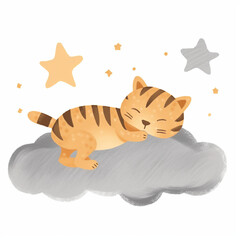 Obraz premium Dreaming in the Clouds Cute Tiger Sleeping on Fluffy Clouds Whimsical Illustration