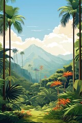 A tropical landscape with a diverse array of palm and tropical tree species. The vector style illustration presents a panoramic view of a thriving tropical forest.