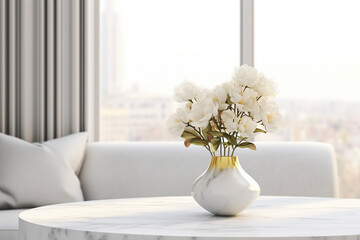 Mockup space on modern white marble tabletop over blurred white living room background