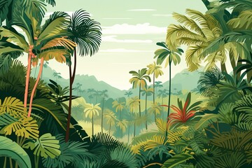 Fototapeta na wymiar A tropical landscape with a diverse array of palm and tropical tree species. The vector style illustration presents a panoramic view of a thriving tropical forest.