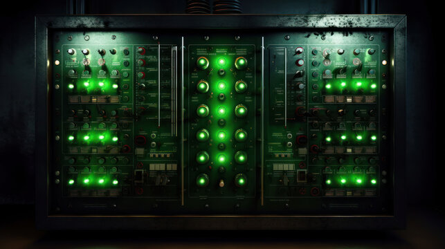 retro electronic control panel with glowing green lights