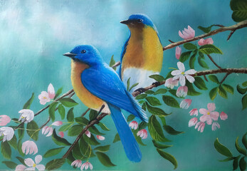 painting of a pair of lilac roller birds perched on a tree branch