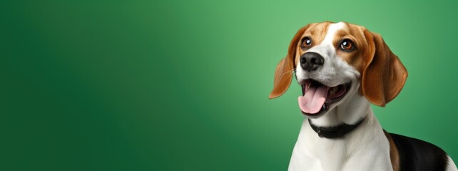 Photo portrait of a beagle on green background, used for advertisement