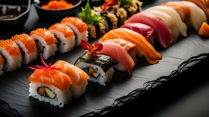 Various kinds of sushi served on black stone - Powered by Adobe