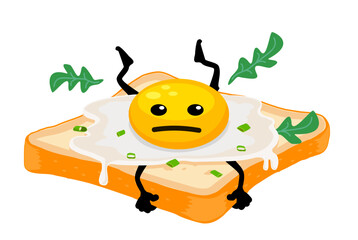 Kawaii poached egg on toast. Funny Kawaii egg yolk. Poached egg character in kawaii style. Vector illustration in flat cartoon style.